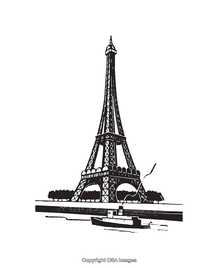 Black and White Illustration of Eiffel Tower with River and Boat Scene