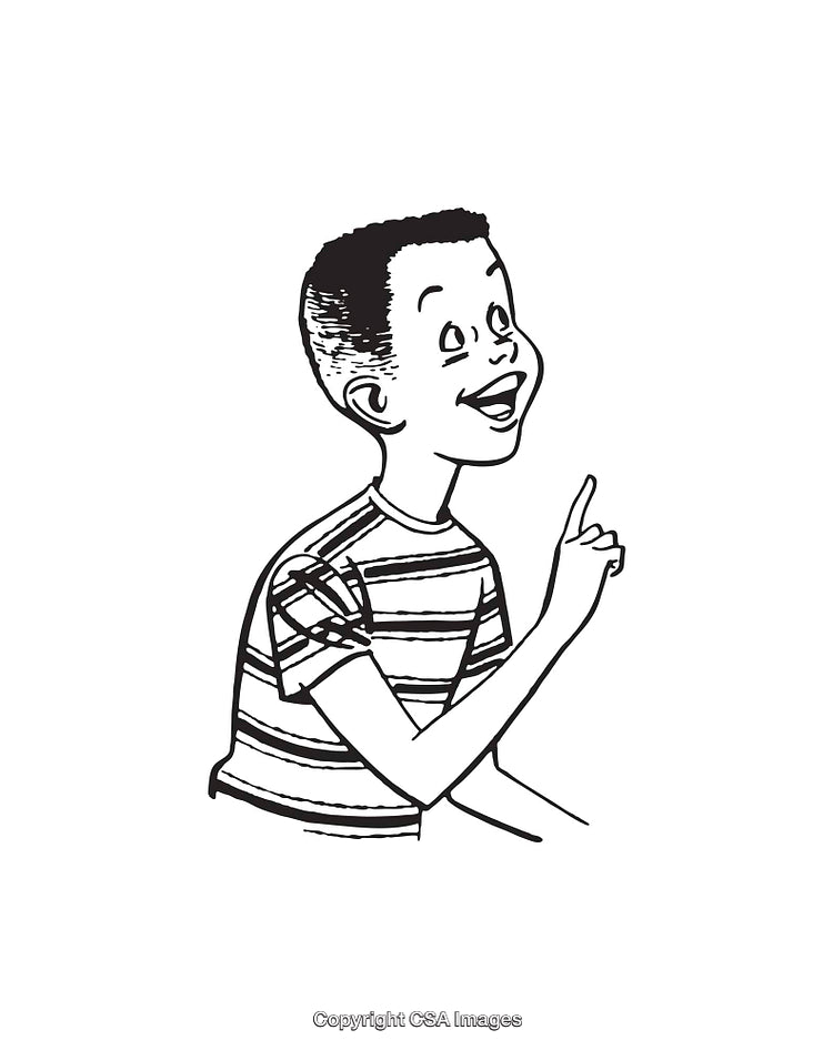 Black and White Illustration of Cheerful Boy Pointing in Striped Shirt