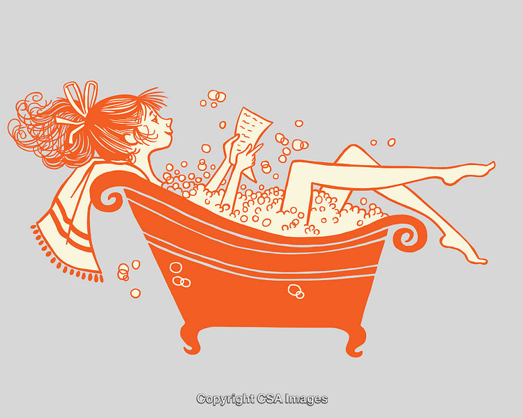 Relaxing Woman Reading in a Bathtub Over Floral Line Art Illustration