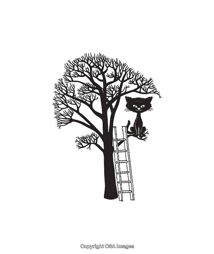 Black And White Illustration of a Cat in a Tree with a Ladder