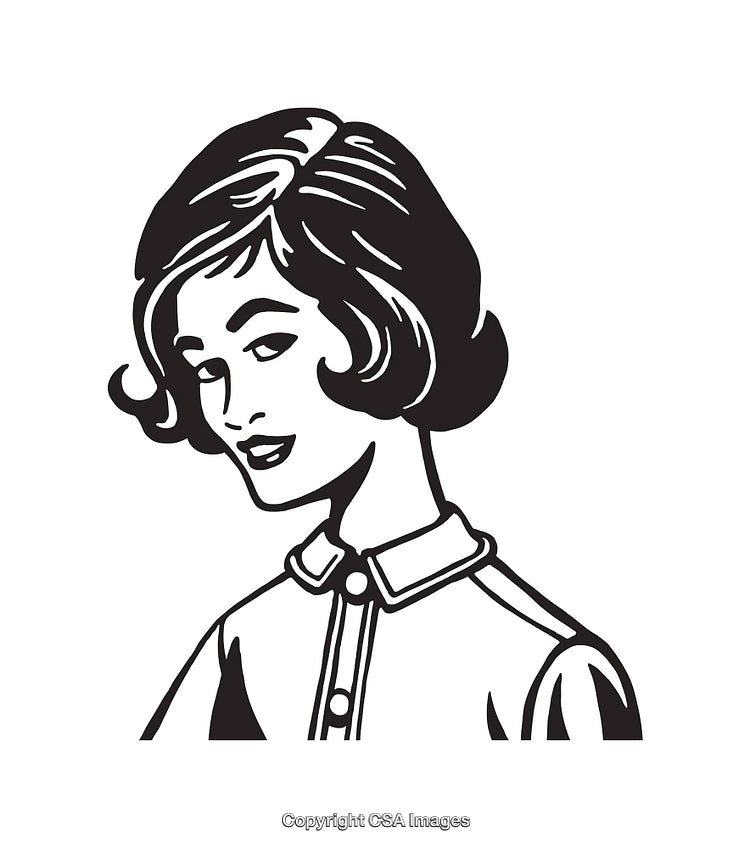 Retro Style Black And White Line Art Illustration of a Woman Smiling