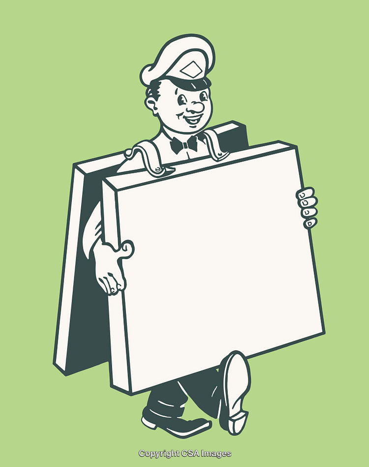 Whimsical Retro Illustration of a Mailman Holding a Board on Green Background