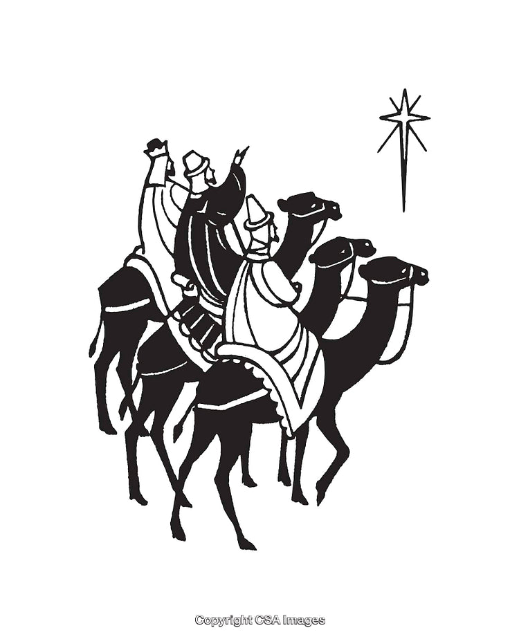 Three Wise Men Following a Star in Black and White Line Art