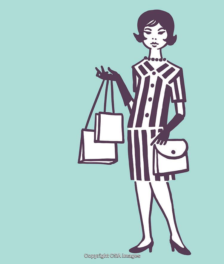 Retro Style Woman Carrying Shopping Bags in Line Art Illustration