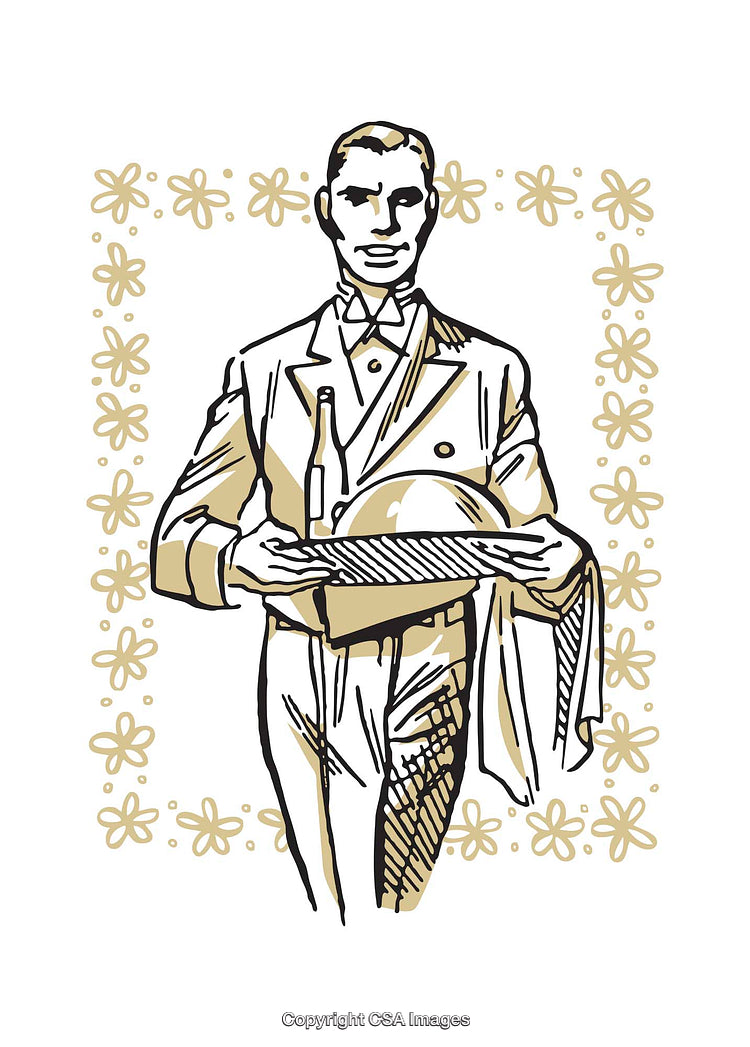 Illustration of a Waiter Holding a Serving Tray with Elegant Background