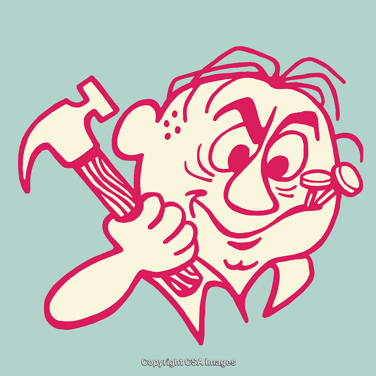 Cartoon Illustration of a Man Holding a Hammer and Nail