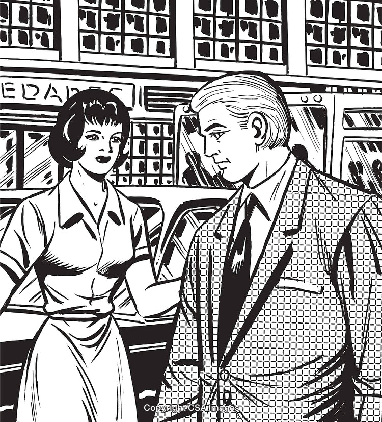 Retro Illustration of a Man and Woman in a City Setup