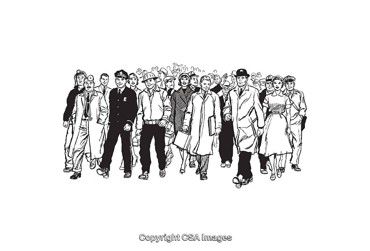 Black and White Illustration of a Large Group of People Walking Together