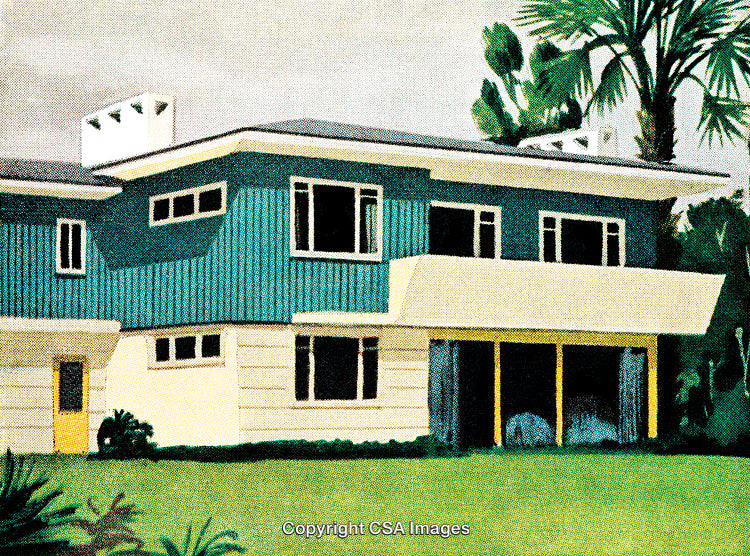 Two-Story Modern Home Surrounded by Tropical Plants in Vibrant Color Illustration