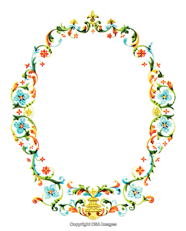 Ornate Floral Oval Frame with Colorful Vintage Design Elements