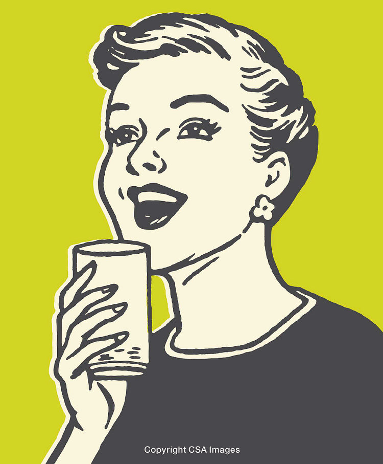 Retro Illustration of a Smiling Woman Enjoying a Drink on a Vibrant Background
