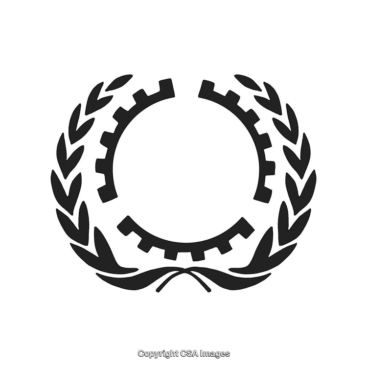 Black and White Stylized Gear and Laurel Icon Design