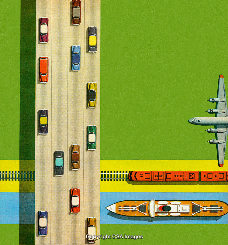Illustration of Diverse Transportation Modes on Land, Water, and in Air
