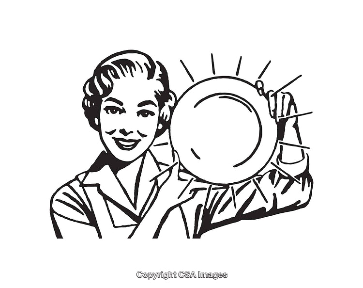 Retro Line Art of Woman Holding Clean Shining Plate