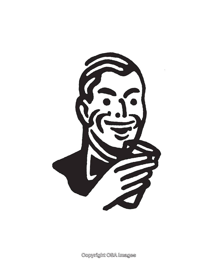 Black and White Line Art Illustration of a Smiling Man Holding a Cup