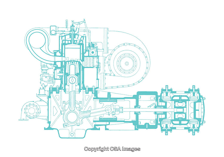 Detailed Blueprint of an Engine and Its Components in Vector Drawing Style