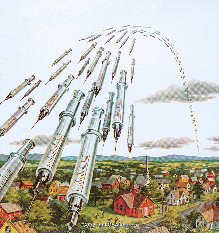Surreal Scene of Syringes Flying Over a Colorful Country Town