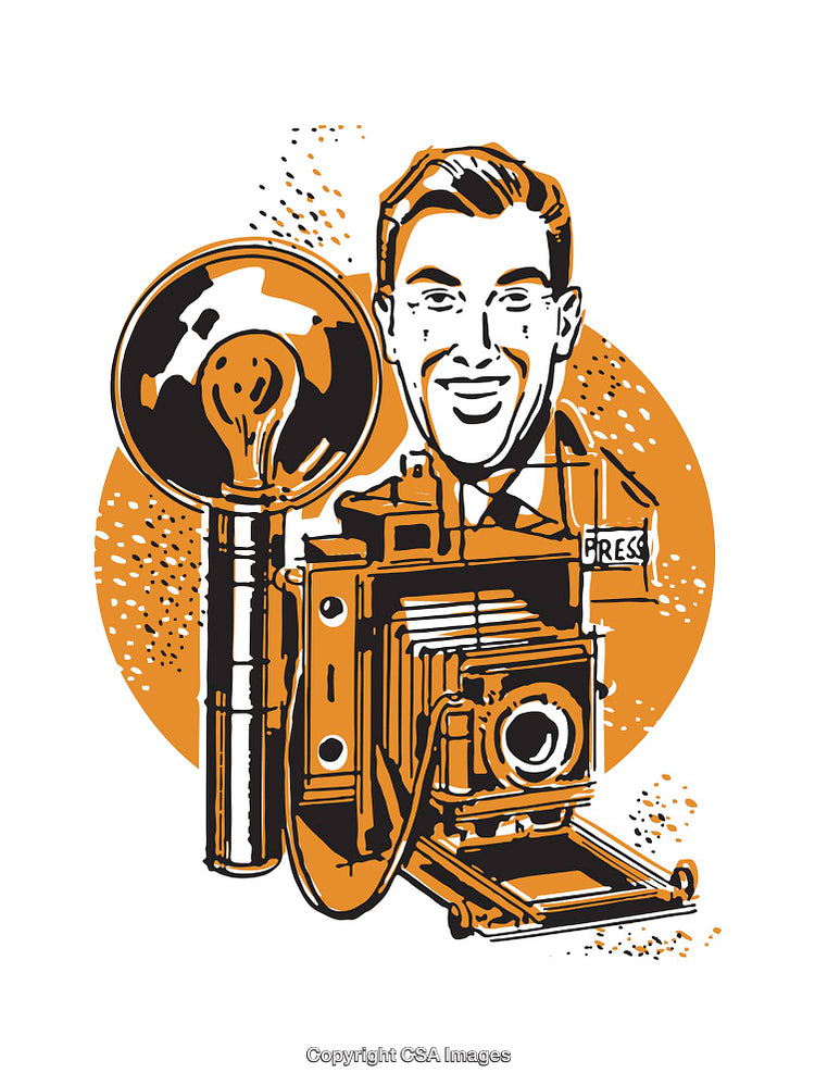 Retro Newspaper Photographer Illustration with Flash Camera and Vintage Aesthetic