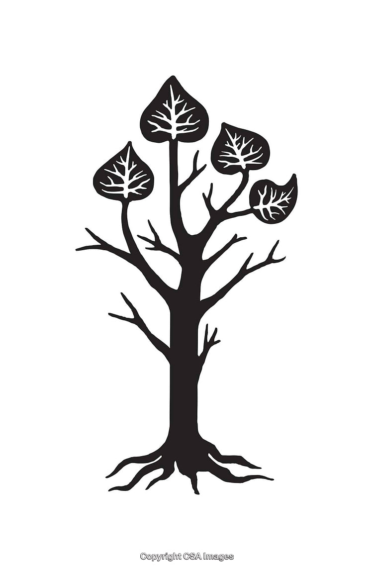 Stylized Black and White Tree Silhouette with Heart-Shaped Leaves