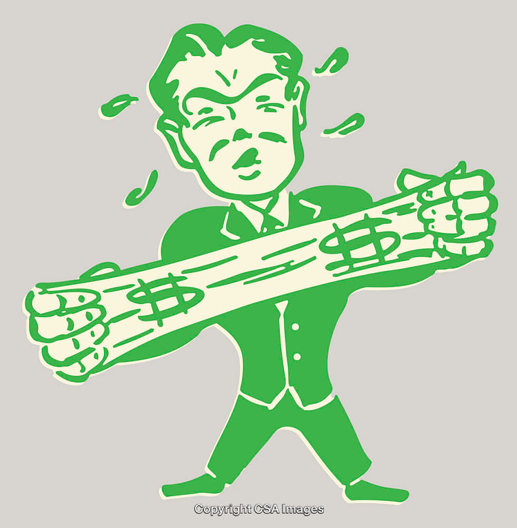 Cartoon Illustration of Man Stretching Money with Dollar Signs Depicted