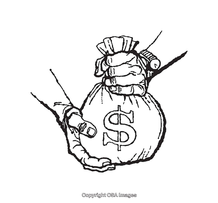 Black and White Line Art Illustration of a Money Bag Transaction
