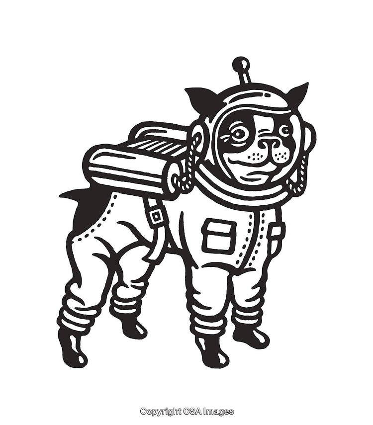 Black And White Illustration of a Dog Wearing a Space Suit
