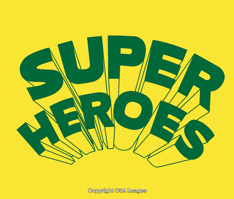 Bold Green Lettered Superheroes Text Design on Yellow Background