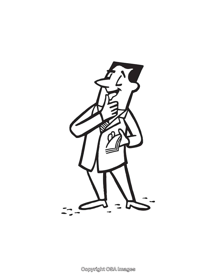 Black And White Illustration of a Thoughtful Businessman Holding a Planner