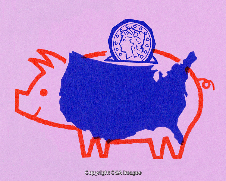 Piggy Bank with USA Map Overlay and Coin Depiction