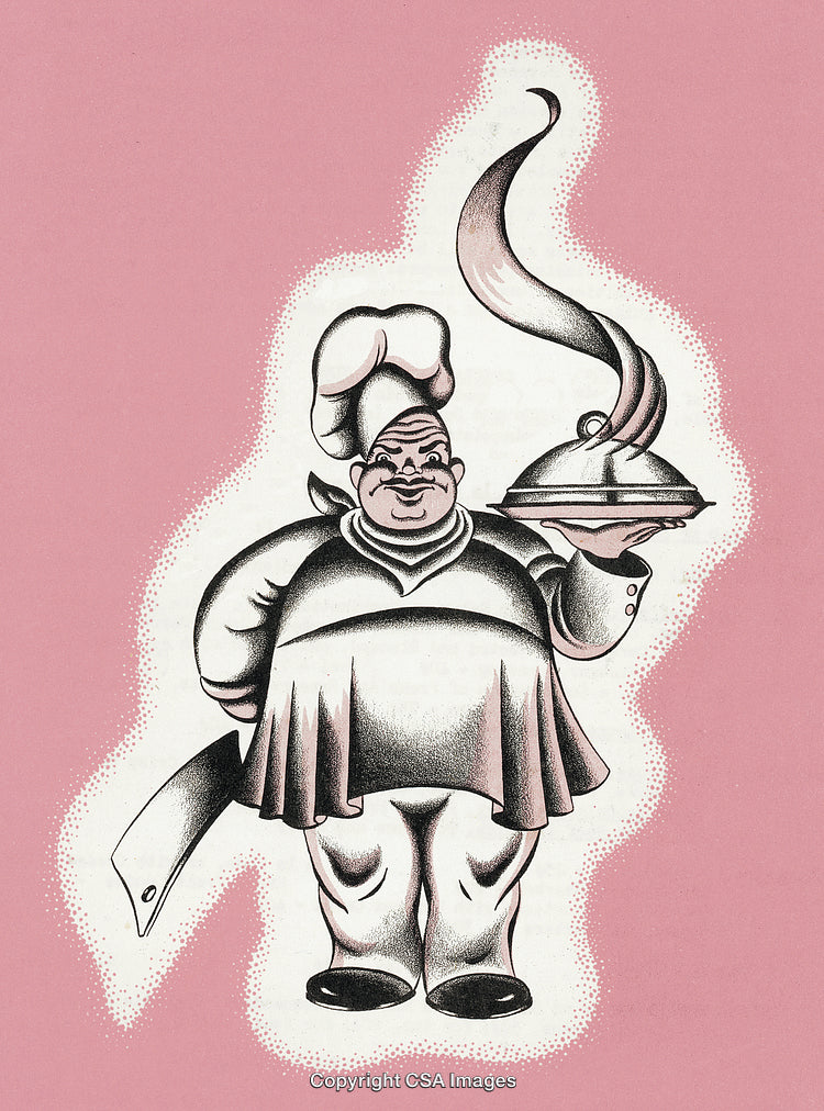 Chef Carrying Tray With Food Illustration on Pink Background