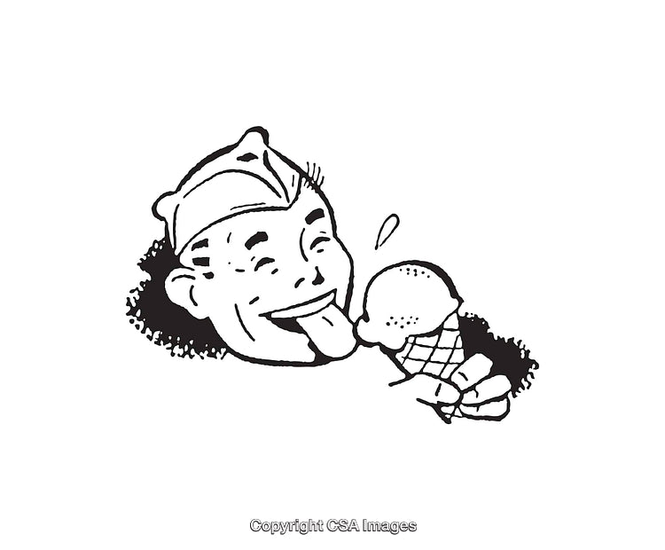 Vintage Black and White Line Illustration of a Happy Boy With Ice Cream