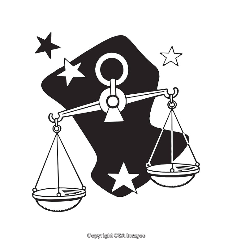 Black and White Scales Illustration with Stars and Abstract Design