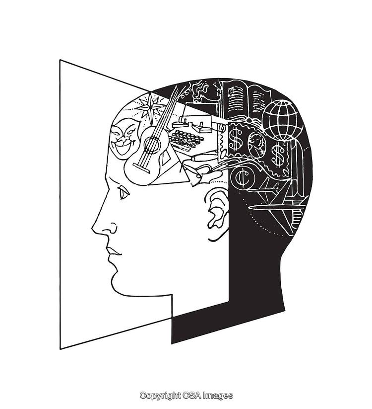 Black and White Abstract Illustration of a Head with Thematic Elements