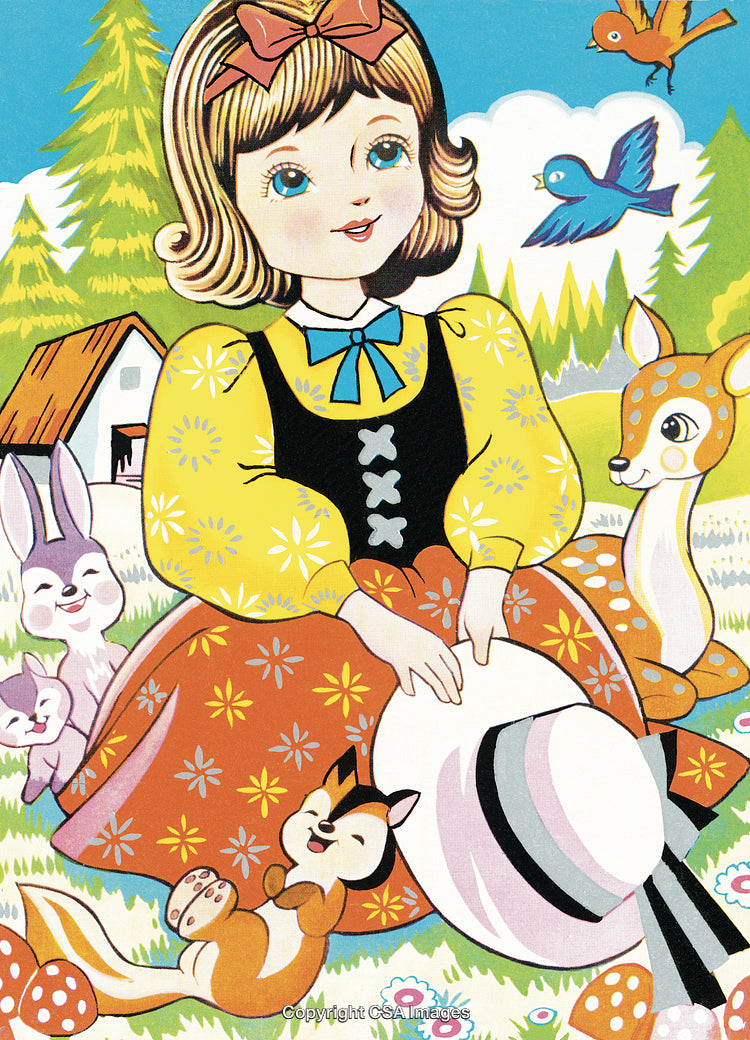 Charming Illustration of a Girl in Nature Surrounded by Woodland Animals