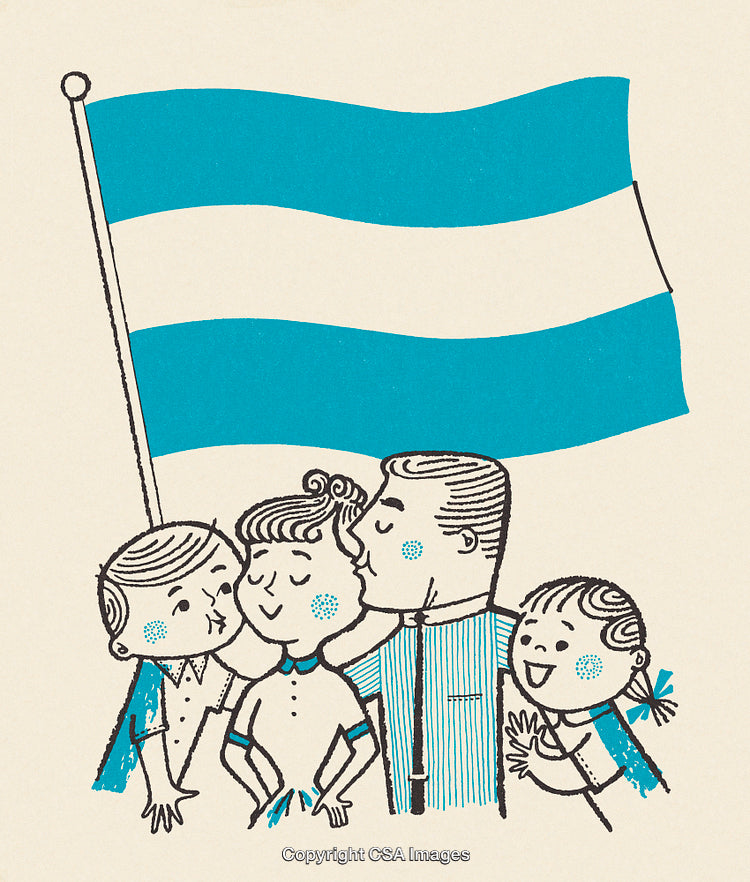 Vintage Family Illustration with Flag in Blue and White Colors