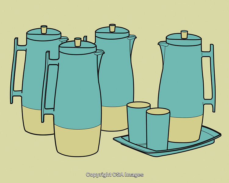 Stylized Illustration of Coffee Carafes and Mugs Arrangement