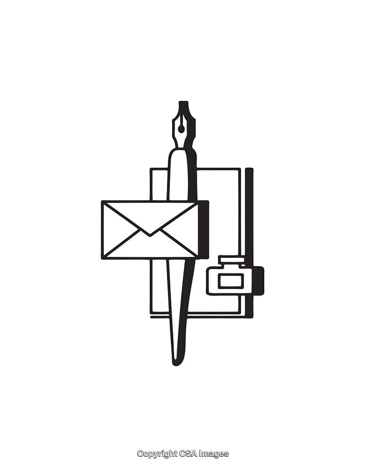 Black and White Line Art Depicting a Pen, Envelopes, and Ink