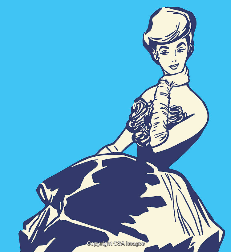 Stylish Vintage Woman Cartoon Illustration with Elegant Line Art and Blue Background