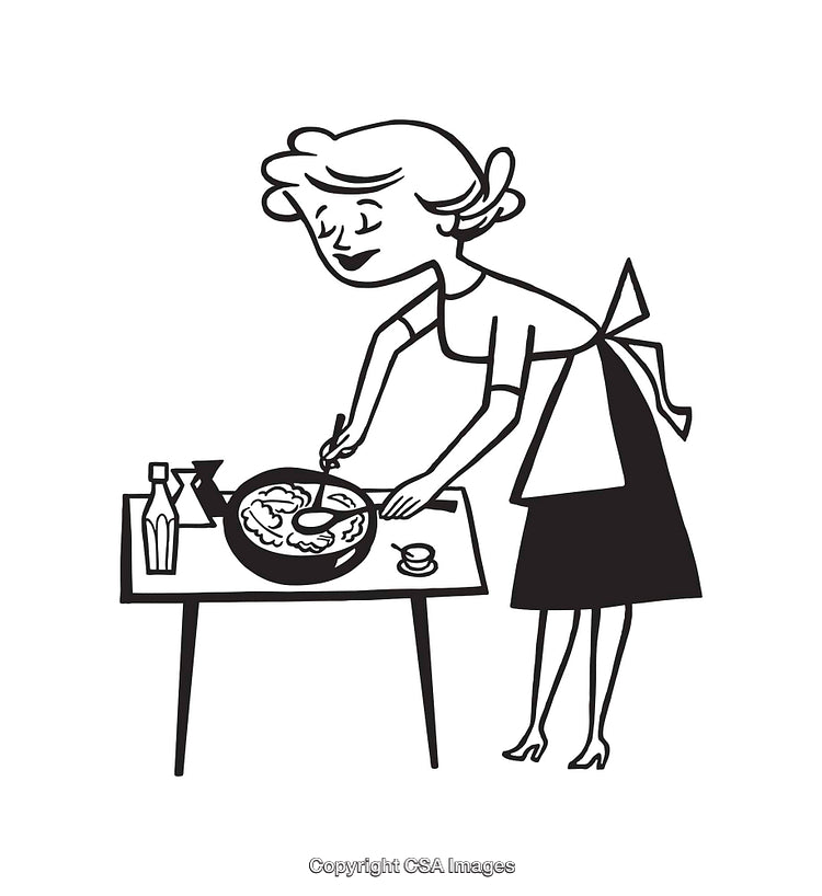 Retro Illustration of a Woman Cooking in Line Art Style