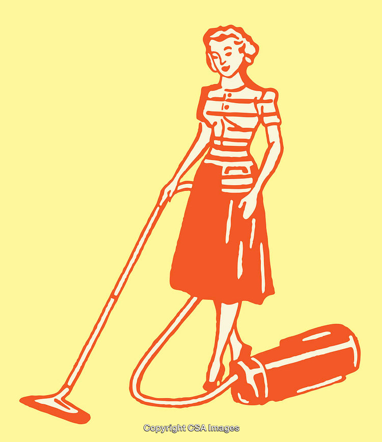 Retro Illustration of a Woman Using a Vacuum Cleaner in Bold Colors