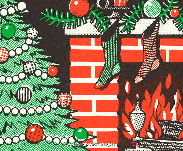 Retro Festive Christmas Scene with Fireplace, Stockings, and Decorated Tree