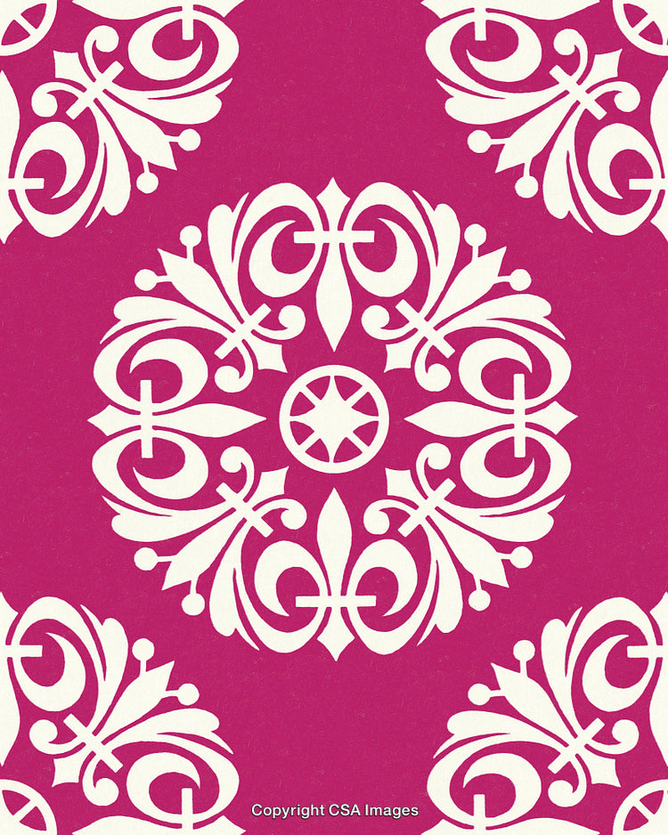 Ornate White Fleur-De-Lis Floral Pattern on Vibrant Pink Background