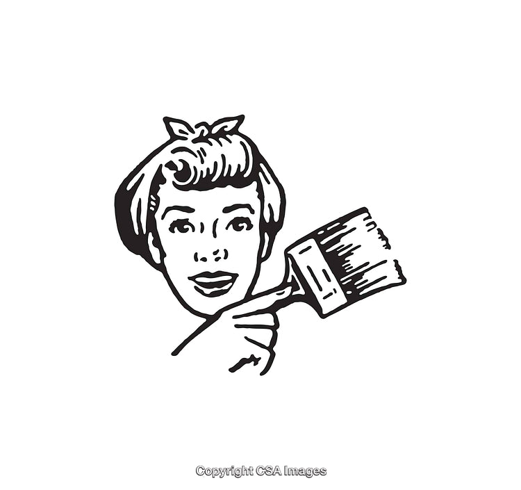 Vintage Illustration of Woman with Paintbrush in Retro Line Art Style