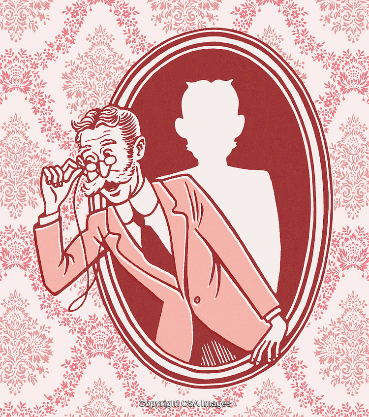 Vintage Illustration of a Gentleman Peeking Through an Ornate Frame