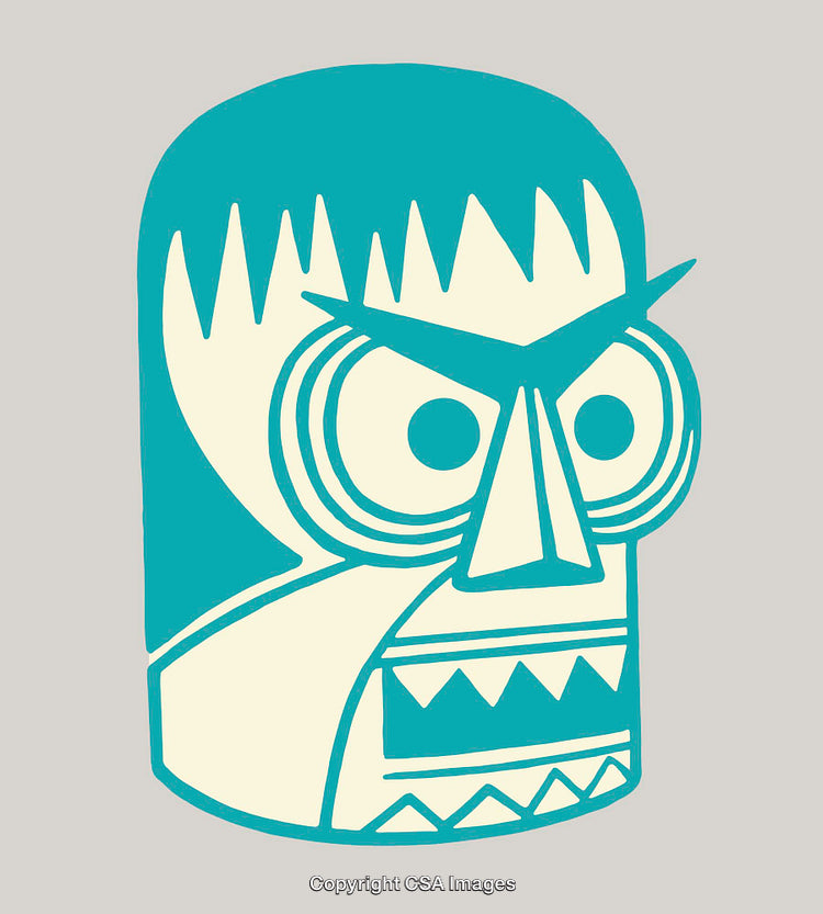 Abstract Tiki-Inspired Line Art Design with Bold Teal Coloration