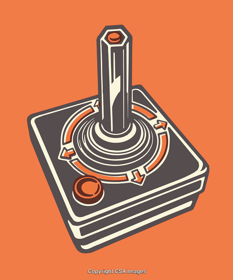 Retro Style Joystick Illustration in Orange and Grey Color Scheme