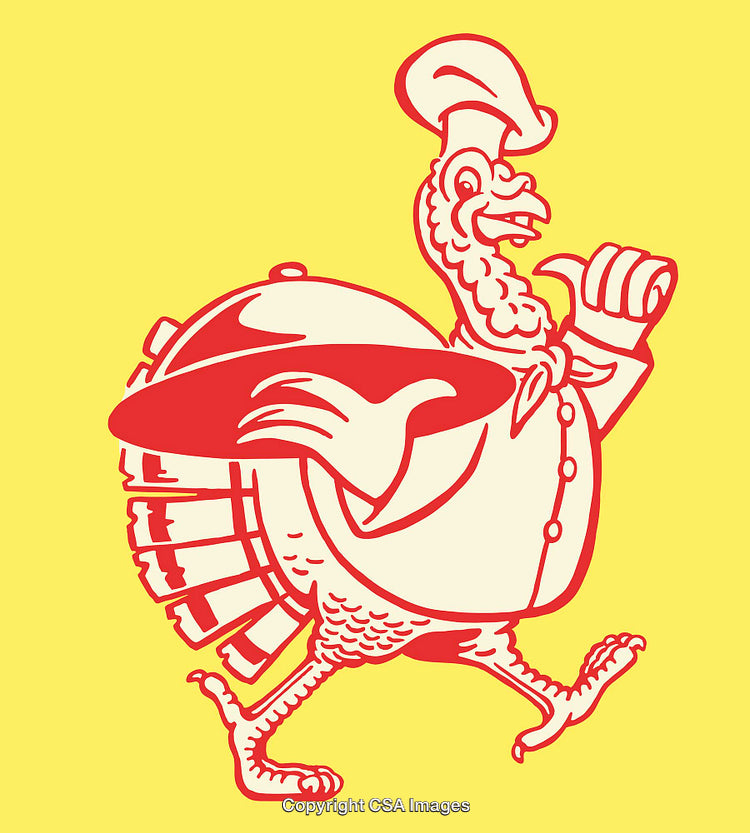 Whimsical Cartoon Chef Turkey Illustration on Vibrant Yellow Background