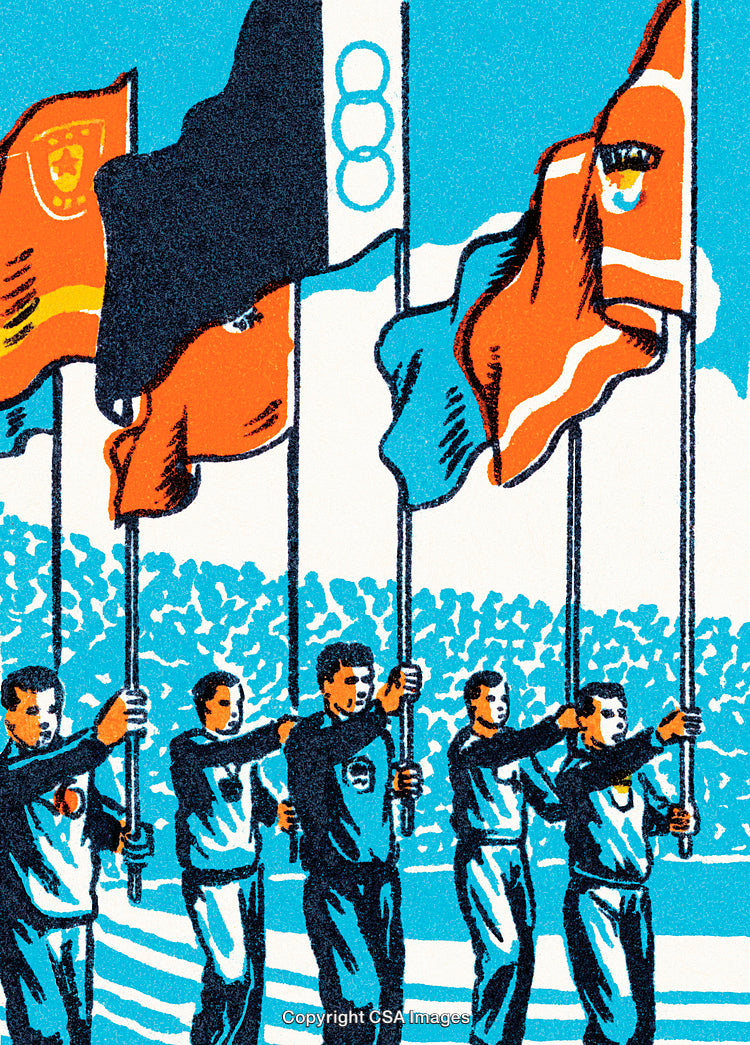 Illustration of Athletes Holding Flags at an International Sporting Event