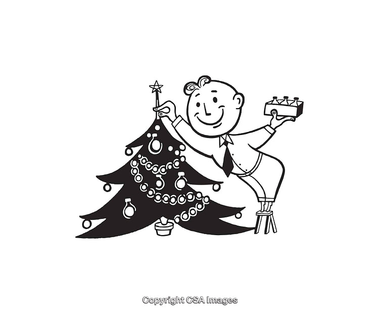Retro Style Illustration of Man Decorating a Christmas Tree