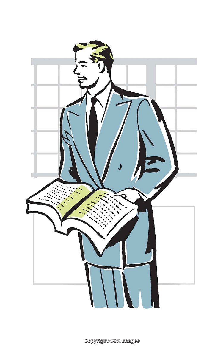 Retro Illustration of a Man Holding an Open Book in an Office